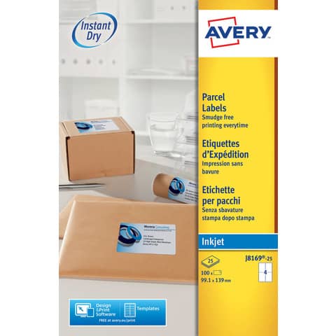 Etichette bianche per pacchi AVERY QuickDRY™ 99,1x139 mm - 4 et/foglio - stampanti inkjet - cf. 25 fogli J8169-25